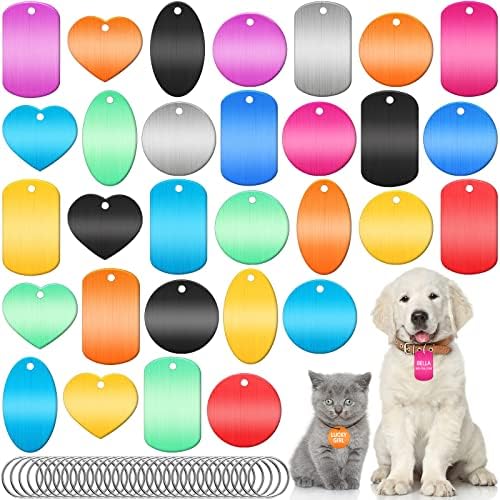 30PCS Blank Dog Tags for Engraving, Aluminum Dog Tags with Ring for DIY Decorative Craft Pendant with Hole for Pet Dog Cat Name Phone Number Metal Stamping Tags (Round, Rectangle, Oval, Heart)