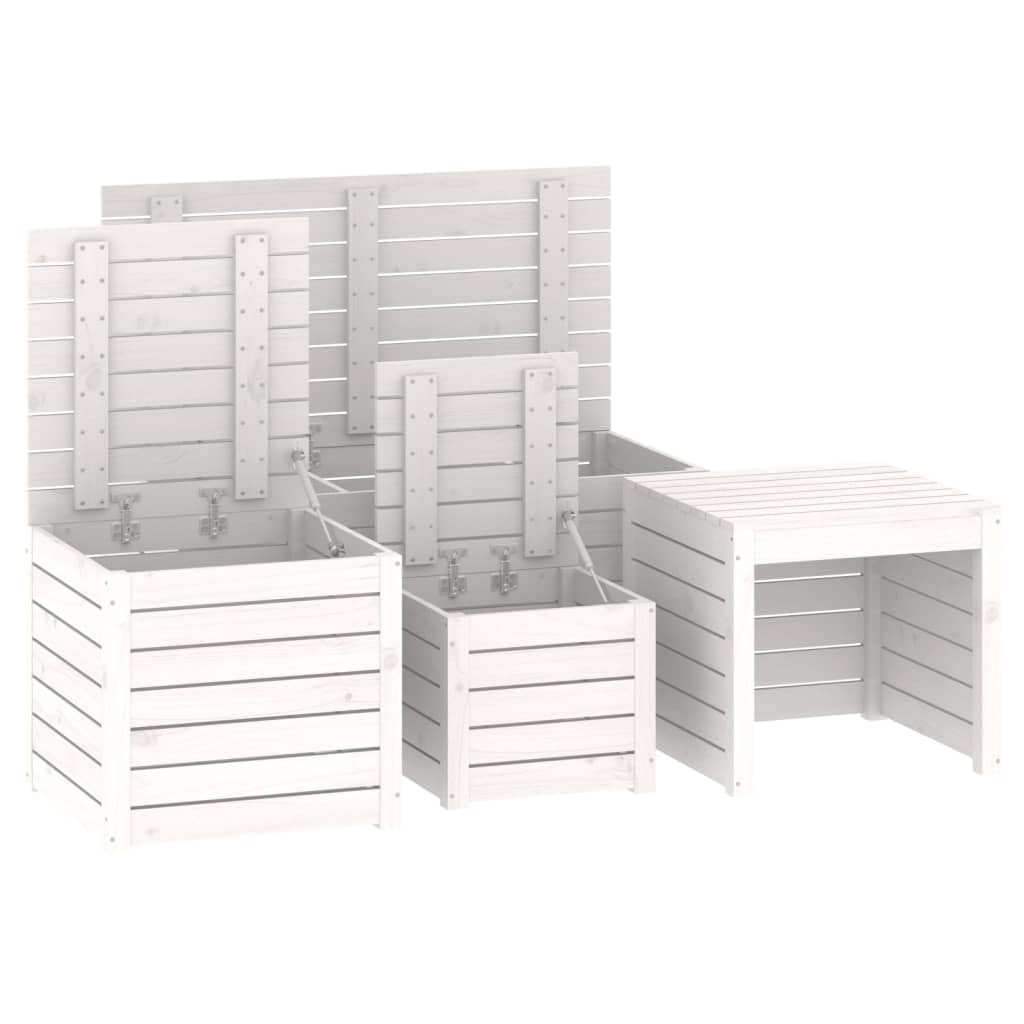 Juego de 4 cajas de jardín de madera de pino maciza, color blanco con tapa, mueble de terraza resistente para almacenamiento al aire libre, asiento o mesa, capacidad 110 kg
