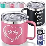 Personalized Insulated Coffee Mug with Name/Text/Logo Engraved, Custom Stainless Steel Travel Tumbler with Lid Handle Double Wall Thermal Cup Customized Office Outdoor Birthday Corporate Gift-12/14oz