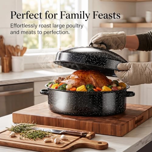 19.3" Enamel Roasting Pan with Lid & Rack Oval Turkey Roaster Pan | Speckled Black Enamel Roaster, Large Capacity for Thanksgiving Turkey, Ham & Family Holiday Cooking - image 6