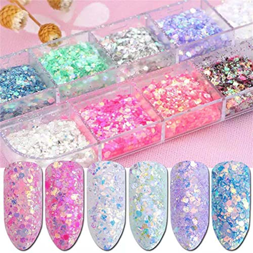 12 Colors Hexagon Nail Art Glitter 3D Holographic Crafts Stickers Sequins Nail Glitter Mermaid Powder Flakes Shiny Charms Hexagon Sequins Nail Art Supplies For Women Girls Acrylic Manicure Decoration #TOP4