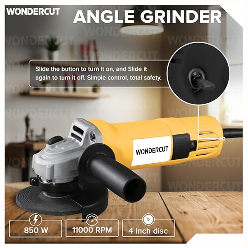 Image of WONDERCUT Angle Grinder WC-DW-801, 850W Copper Armature, Disc Dia 100mm, 11000 RPM, for Cutting, Grinding & Polishing with Protective Guard & Auxiliary Handle | Back Switch