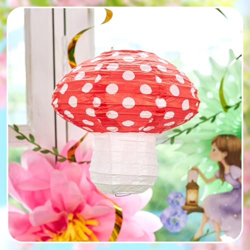 Image of 17PCS Fairy Birthday Party Decorations Set Fairy Themed Red Green Purple Pink Paper Mushroom Lantern Decor for Girls Birthday Decor Spring Tea Party Baby Shower