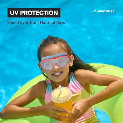 Image of ArrowMax Swimming Goggles for Kids 3-14 Years | Anti-Fog Swim Goggles with UV Protection & Ear Plugs | Leak-Proof Adjustable Goggles for Boys & Girls | Free Case Included (Red /Blue)
