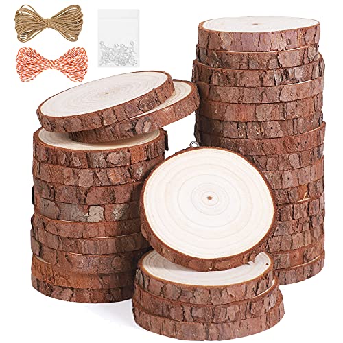 Natural Wood Slices 30Pcs 2.4"-2.8" Unfinished Wood Kit with Screw Eye Rings, Complete Wood Coaster, Wooden Circles for Crafts Wood Christmas Ornaments Wedding DIY Crafts