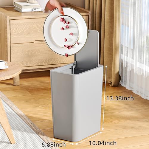 Image of 4 Gallon Bathroom Trash Can with Lid, 15 Liters Slim Garbage Can with Press Top, Dorm Room Small Trash Bin, Plastic Waste Basket for Bathroom, Office, Bedroom, Kitchen, Living Room, Laundry-Gray