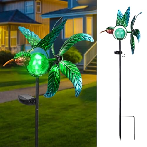 Bshine Hummingbird Solar Light Wind Spinner Outdoor Garden Decoration, Waterproof Garden Stake with Cracked Glass Ball, Gift for Mom, Lawn Ornaments for Pathway, Patio, Yard Decor Outdoor