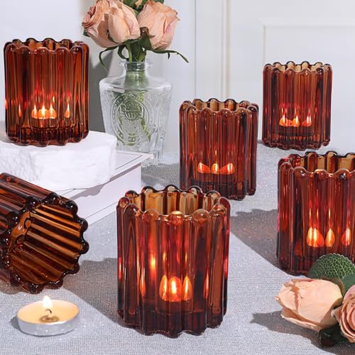 HAVITI 6 Pcs Votive Candle Holder, Amber Glass Vintage Candle Holders, Tealight Candle Holder for Boho Fall Wedding Centerpieces Dinner Party Table Decor
