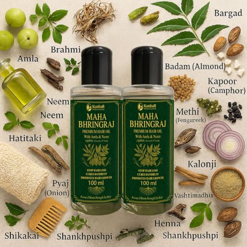 Image of Maha Bhringraj Premium Hair Oil with Amla & Neem - 100 ml (Pack of 2) - Reduces Hair Fall, Cures Dandruff - Ayurvedic Herbal Formula - Power of Roots