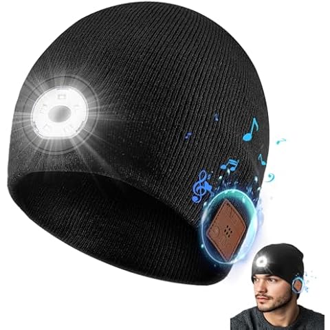 TOUCH TWO Bluetooth Beanie Hat with LED Light Wireless Musical Knitted Cap with Headphone Stereo Speakers & Mic for Running Hiking Jogging Black Cover