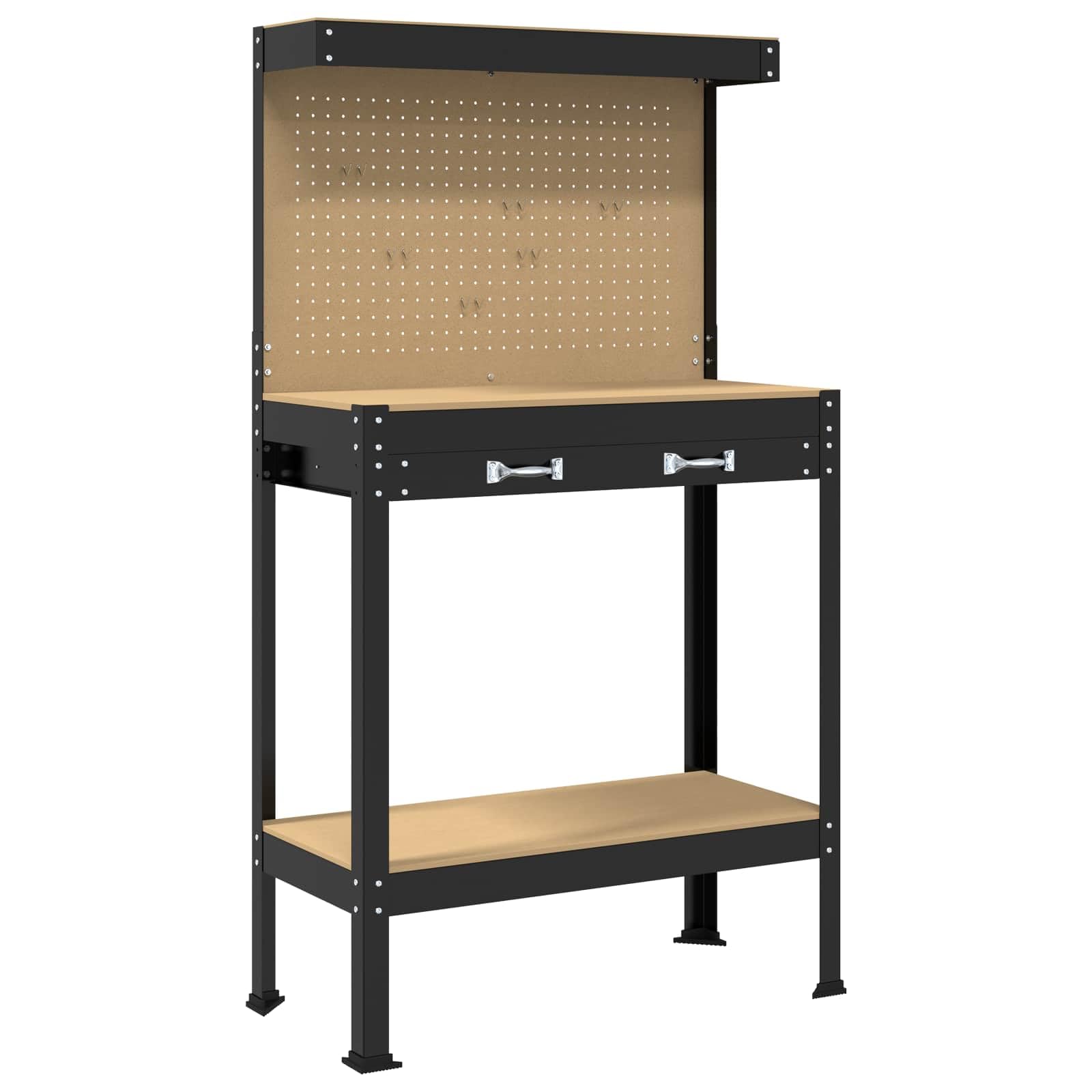 Banco de trabajo industrial con cajones, color negro, 81 x 41 x 145 cm, estructura de madera, estructura de metal, estanterías