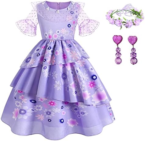 Yipkorra Encanto Mirabel Costume for Girls Cosplay Isabella Outfit Princess Halloween Dress Up With Earrings (Isabela B, 3-4 Years)