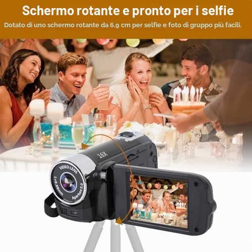 Videocamera per Videocamera Full HD 1080P, Zoom Digitale 16X da 16 MP, Schermo Ruotabile TFT da 2,7 Pollici, con Luce di Riempimento e Porta USB (Nero)