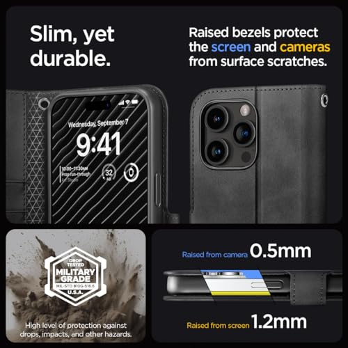 Image of Spigen Wallet S Pro Back Cover Case for iPhone 15 Pro, Flip Cover Wallet Design, Air Cushion Technology - Polycarbonate + TPU | Black