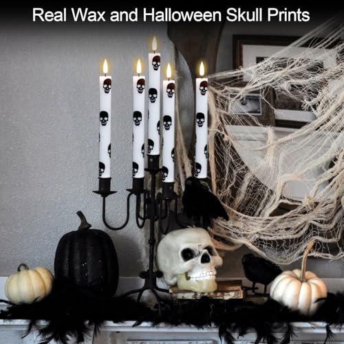 Image of GenSwin Halloween Flameless Taper Candles Remote Timer, 4 Pack Real Wax LED Taper Candles Battery Operated Flickering with Skull Prints, Flameless Candlesticks for Halloween Decor(0.75 inchx 9.65 inch)