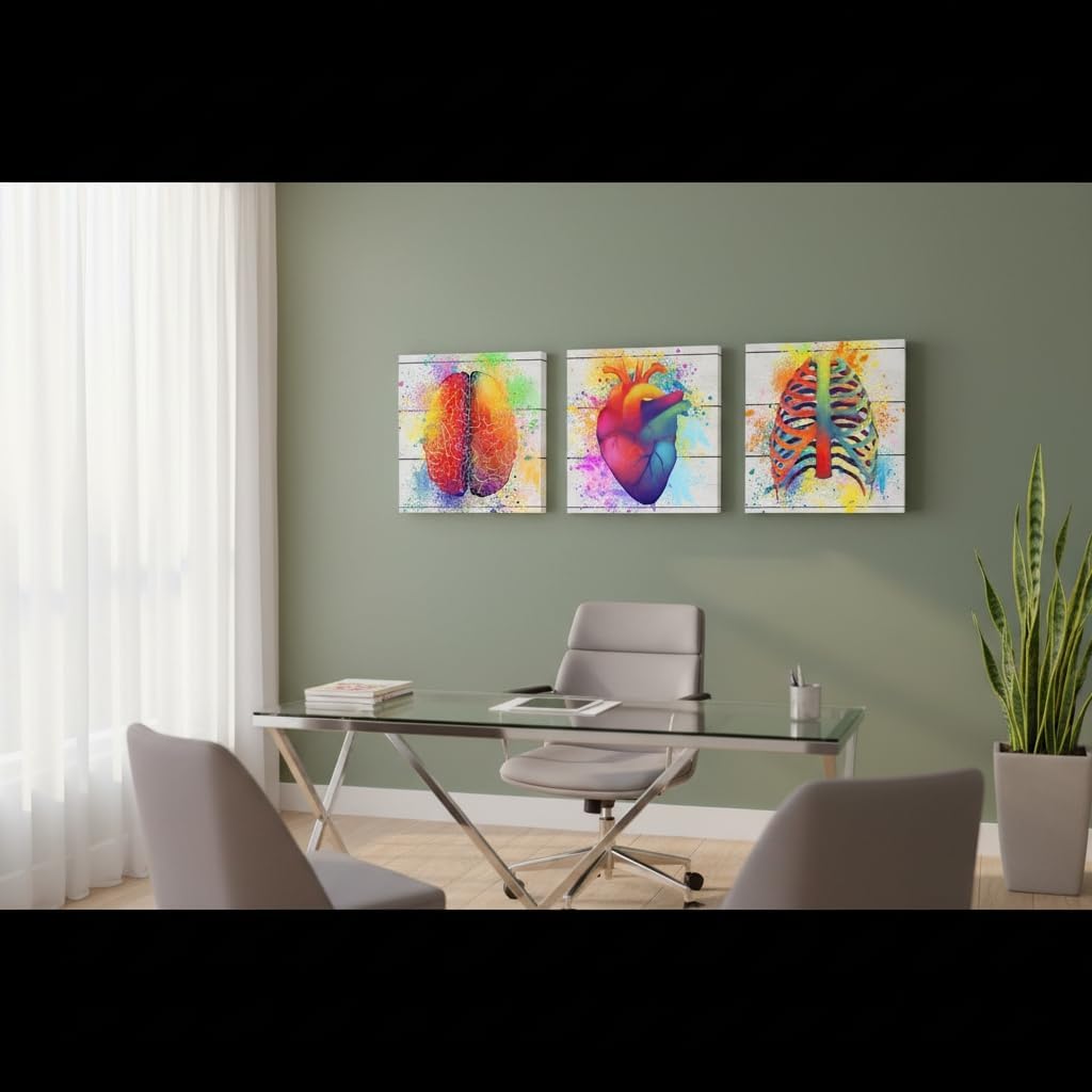 DuoBaorom Human Brain Rib Cage Heart Canvas Wall Art 3 Pieces Anatomical Artwork Clinic Medical Office Wall Decor 12"x12"