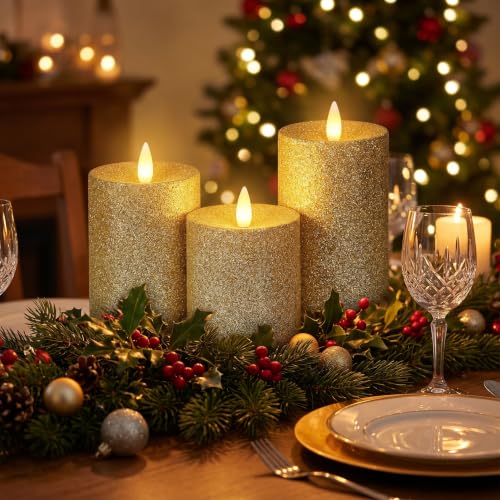 Image of Flameless Pillar Candles Flickering with Remote Timer, Battery Operated LED Candles Up to 400 Hours, 3D Moving Flame Real Wax Candles. (Glitter Gold)