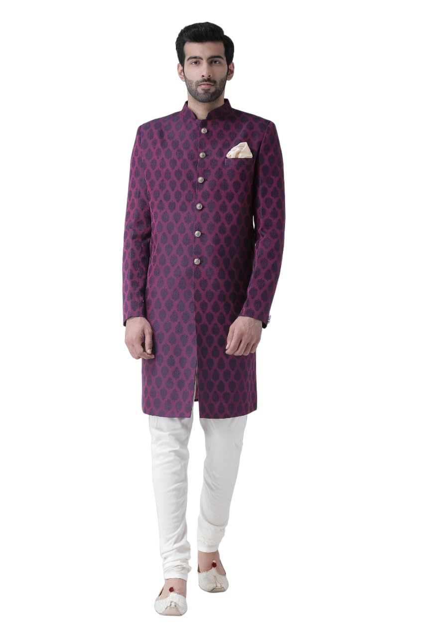 kisah Men's Indo-Western Sherwani Churidar Set, Purple Jacquard Woven Regular Fit Mandarin Collar Full Sleeves-picture-12