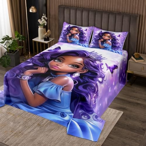 Erosebridal African Girl Coverlet Set,Black Girls Magic Quilt Set King Size for Kids Teens Adults,American Princess Bedspread Set,Flying Butterfly Bed Cover Bedroom Decor