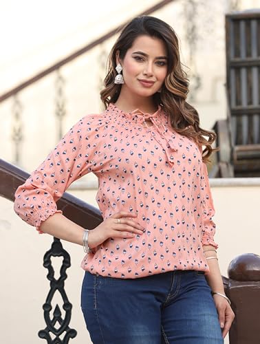 Image of Himanshi Enterprises Women's Traditional Casual 3 /4 Sleeves Mandarin Nack Rayon Floral Printed Short Kurti