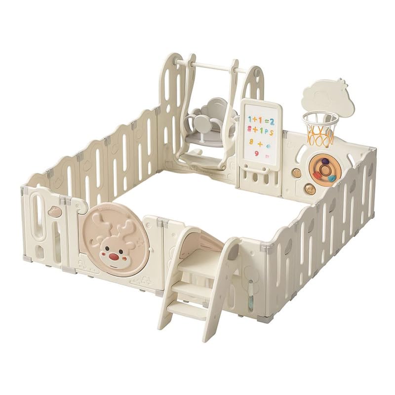Parc Bébé Plastique ZH25, XXL 190x196cm Parc de Jeu avec Toboggan, Balançoire & Panier de Basket, Aire de Jeux Enfant Intérieur Extérieur, Centre d'Activités Pliable, Protection UV, Couleur Beige