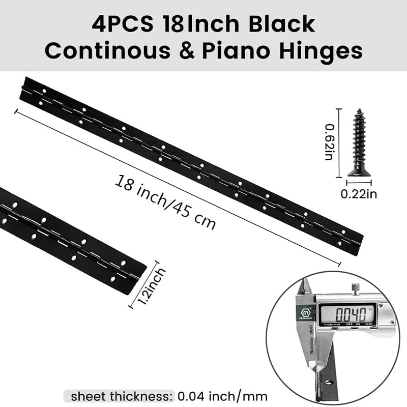 Miniatura 2 de 4 bisagras de piano resistentes, bisagras negras continuas y de piano de 18 pulgadas, grosor de 0.05 pulgadas, ancho abierto de 1.2 pulgadas, ideal