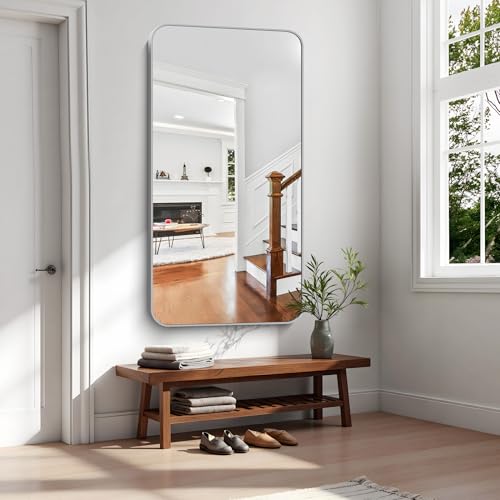 Image of KOCUUY Silver Bathroom Mirror, 30x55 Inch Bathroom Mirror for Over Sink, HD Tempered Glass, Anti-Rust Brushed Silver Frame, Rounded Corner Modern Design for Bathroom, Hang Horizontal /Vertical
