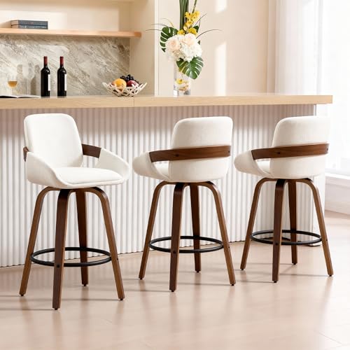 VipDesk Beige Fabric Swivel Bar Stools with Back, Walnut Bentwood