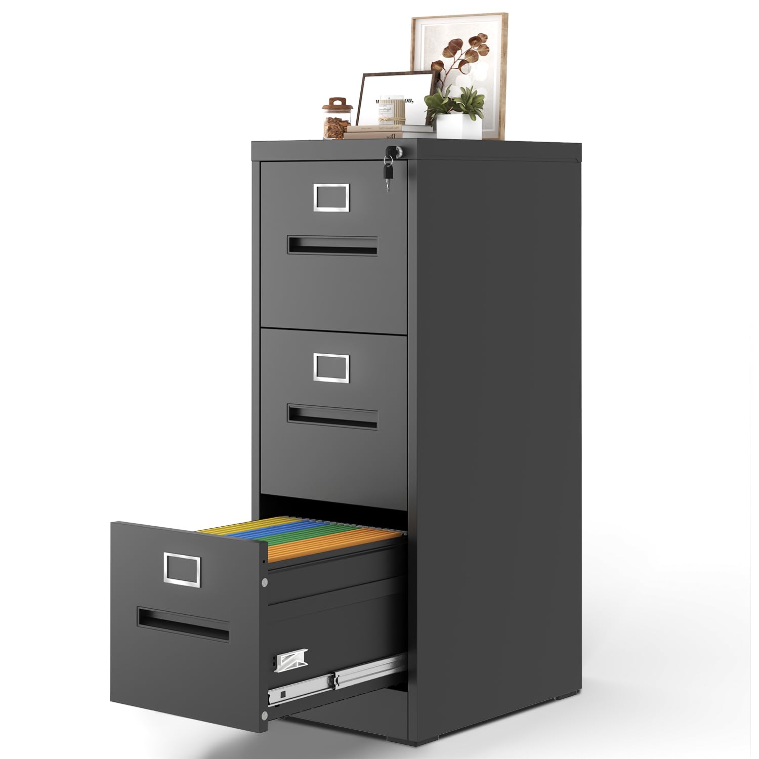 3 Drawer Vertical File Cabinet for Home Office, Metal Filing Cabinet with Lock for Legal/Letter Size Hanging File Folders, Anti-Tipping, Assembly Required (Black)
