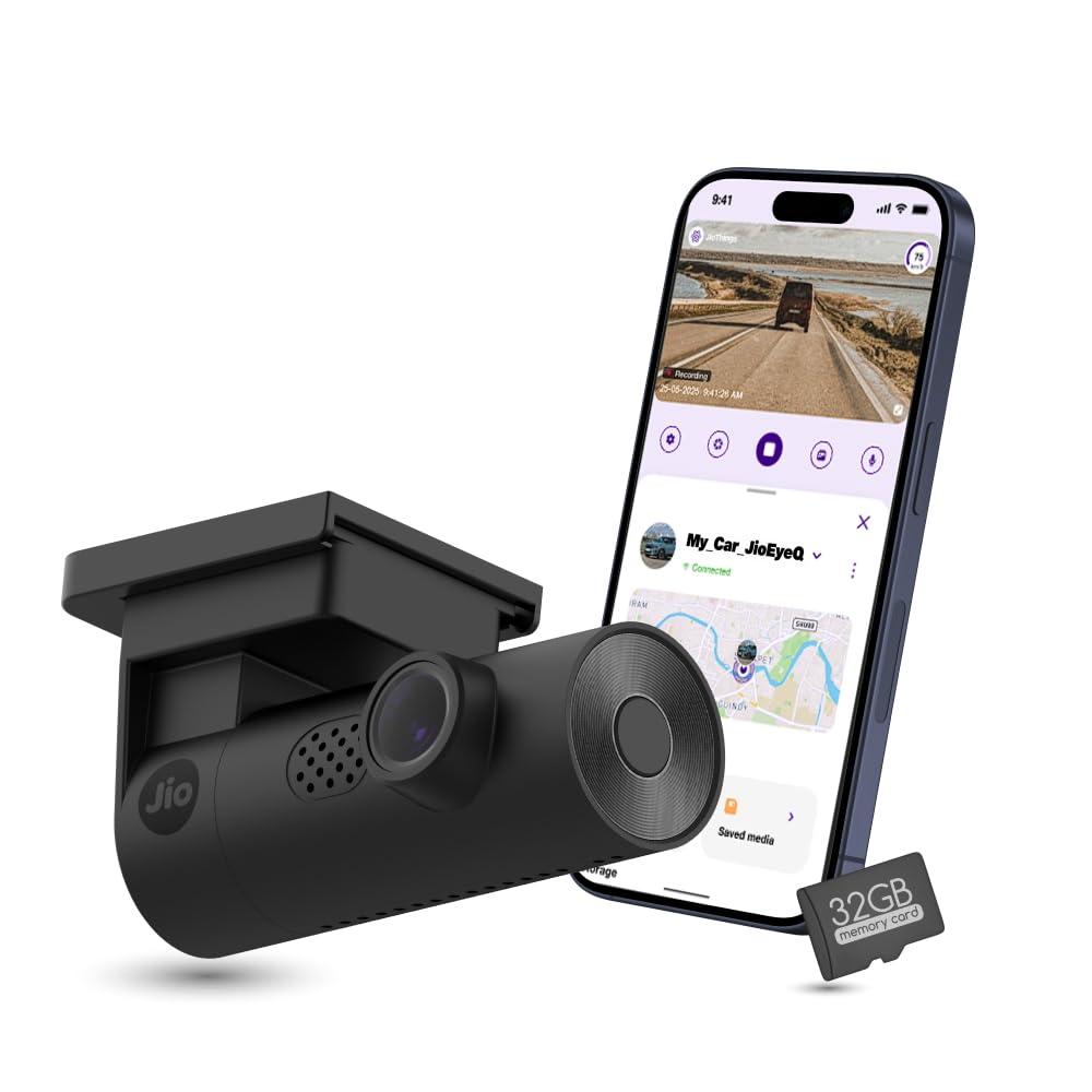JioEyeQ Dashcam (2026) with GPS |Full HD 2MP | 140° Ultrawide FOV | AI Pedestrian Detection | 32GB Micro SD Included | Night Vision| Emergency Recording | Collision Detection | Built in Wi-fi & Mic