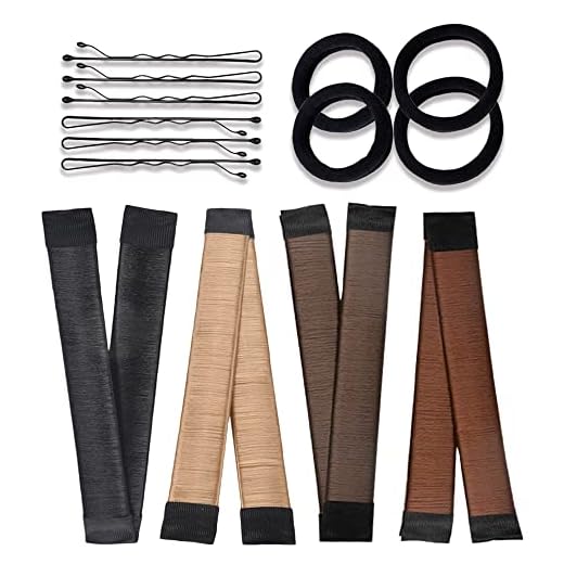 BGBXYX Hair Bun Maker with 4 Pieces Bun Maker for Hair, 4 Pieces Hair Elastic Bands and 6 Pieces Hair Pins, Magic French Twist Donut Bun Maker Accessories (Black, Champagne, Light Curry, Light Brown)