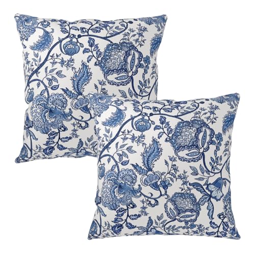 Kwlegh Blue and White Floral Pillow Covers Chinoiserie Throw Pillow Covers 20x20 Set of 2 Blue Porcelain Flowers Pillowcases Botanical Blue Cushion Cases for Home Bedroom Living Room