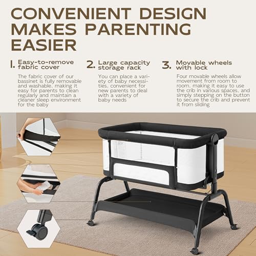 Image of BabyBond Baby Bassinet, 3 in 1 Bassinet Bedside Sleeper with Washable Soft Mattress and Sheet, 6 Height Adjustable Bedside Crib, 4-Sided Mesh Bedside Bassinet for Baby