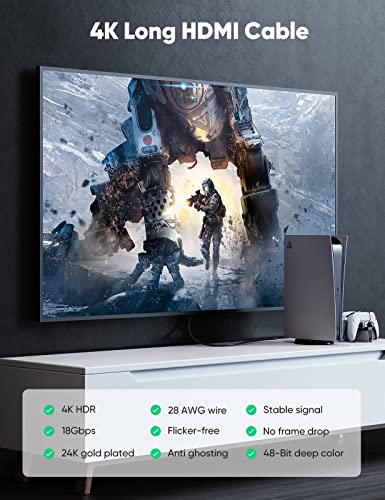 Capshi 4K Long Hdmi Cable 50Ft/15M, In-Wall Cl3 Rated Hdmi Cable 2.0 Support (Hdr10 8/10Bit 18Gbps Hdcp2.2 Arc) High Speed Hd Shielded Cord Compatible With Roku Tv/Laptop/Pc/Hdtv #TOP1