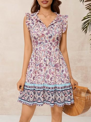 Image of ZABERRY Womens Casual Summer Dresses Drawstring V Neck Tiered Boho Floral Sundress Vacation Mini Dress