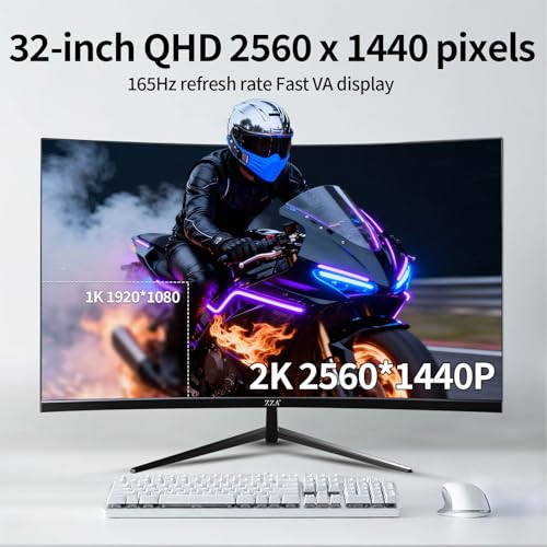 Image of ZZA 32 Inch Curved Gaming Monitor 165Hz QHD 2560x1440P Computer Monitor 2K 1500R Curved VA Display, PC Monitor HDMI DP1.4, 1ms MPRT, HDR, Metal Stand, VESA Compatible