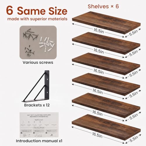 Image of BAYKA Wall Mounted Floating Bathroom Shelves, Rustic Brown, 6-Set,Same Size | Wood Wall Shelf for Bathroom Essentials & Decor, Space-Saving Display & Organizer