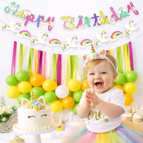 Image of Rozi Decoration Unicorn Theme Birthday Decoration Kit with Happy Birthday Banner, Rainbow Cutouts, Crepe Streamers and Latex Balloons for Girls Party Celebration Pack of 38 Pcs