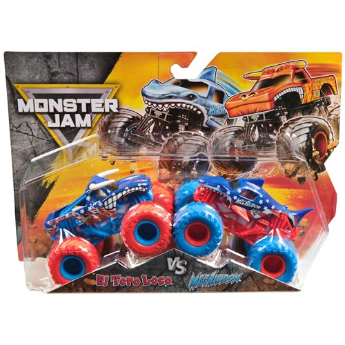 Monster Jam El Toro Loco vs Megalodon - Camión monstruo fundido a presión a escala 1:64, serie 10, edición patriótica roja, blanca y azul, camión de juguete oficial Spin Master