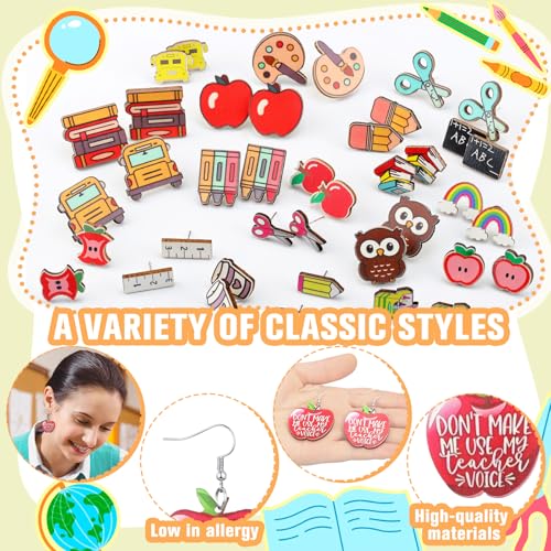 Nosiny 48 Pairs Teacher Earrings for Women Rainbow Apple Dangle Earrings Funny Wooden Back to School Jewelry Sets for Appreciation Gift3