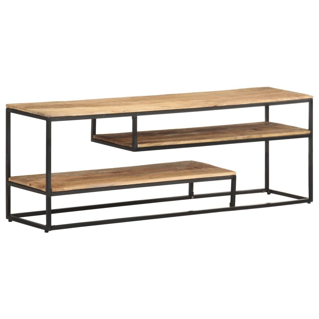 Mobile TV in legno di mango grezzo, 130 x 30 x 45 cm, stile industriale, telaio in acciaio, 3 ripiani, mobile multimediale e stereo