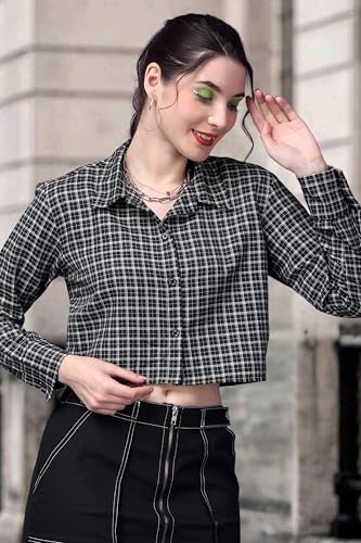 Image of POPWINGS Casual Pure Cotton Checks Crop Shirt for Women | Stylish Western Crop Shirt for Women | Full Sleeves Crop Shirt for Women