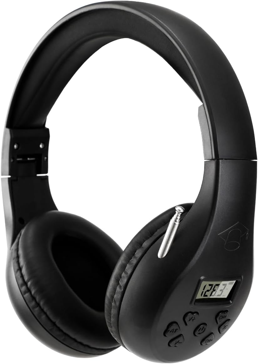Portable Personal FM Radio Headphones with Best Reception, Wireless Headset FM Radio Ear Muffs for Walking, Jogging Powered by 2 AA Batteries(Not Included) -Black