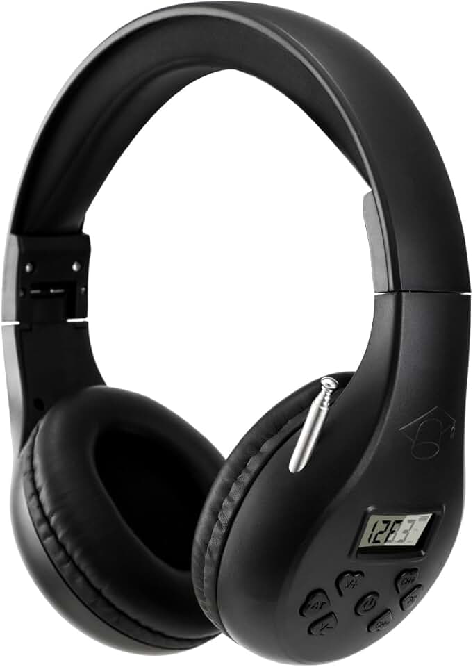 Auriculares de rádio FM pessoais portáteis com a melhor recepção, auriculares sem fios com rádio FM para caminhada, corrida, alimentados por 2 pilhas AA (não incluídas), preto