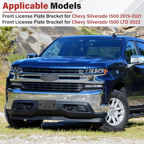 Image of License Plate Bracket Accessories for Chevy Silverado 1500 2019 2020 2021, Silverado 1500 LTD 2022, Front Bumper License Plate Holder Replacement Frame Black Mount