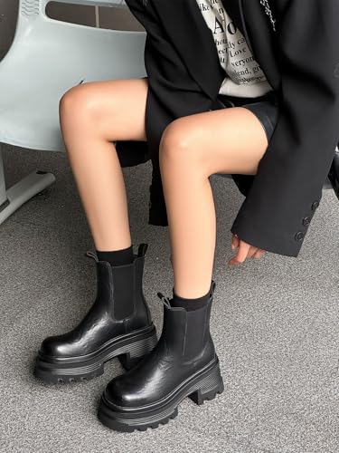 Black Platform Chunky High Heeled Chelsea Boots for Women Comfortable Slip-on Genuine Leather Lug Sole Elastic Ankle Boots4
