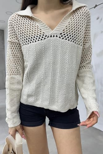Women's V Neck Long Sleeve Crochet Knit Sweater2