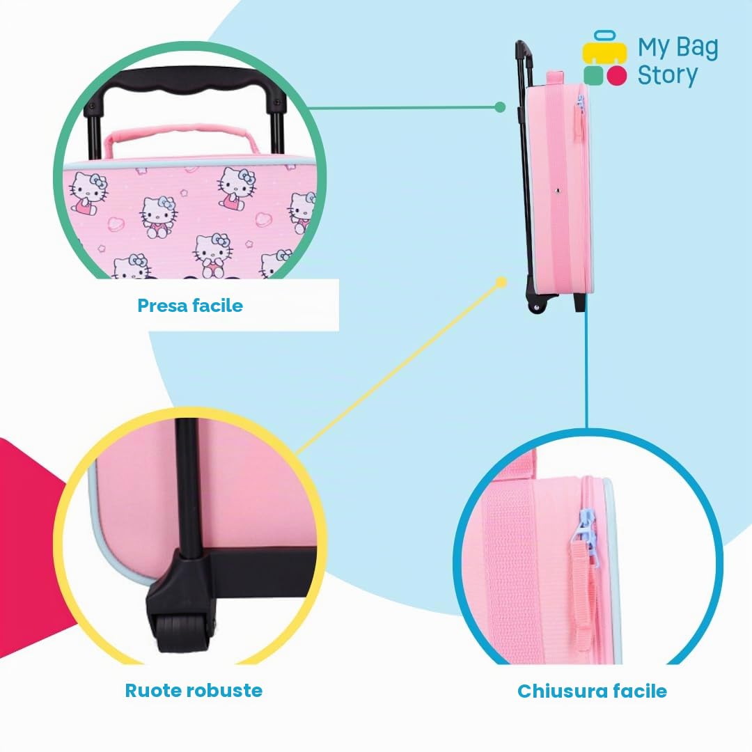 mybagstory - Valigia Hello Kitty – Valigia Trolley Bambino 42 cm – Bagaglio Cabina leggero con ruote – Rosa