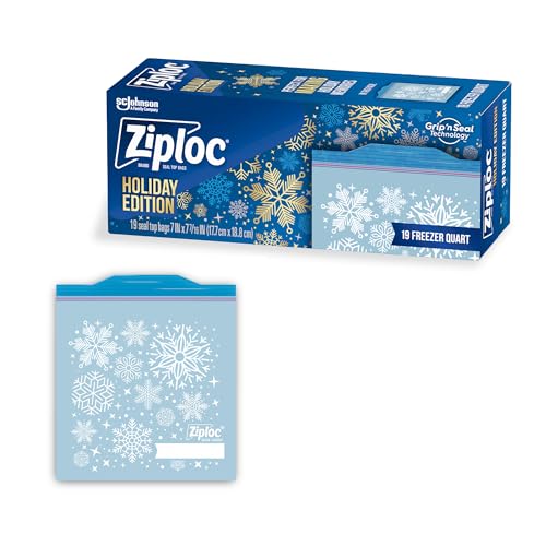 Ziploc Quart Food Storage Freezer Bags, Grip 'n Seal Technology for Easier Grip, Open, and Close, 19 Count, Holiday Designs, Packaging May Vary