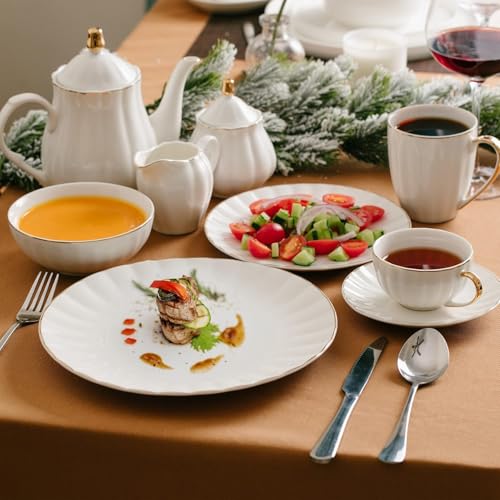 Image of White Tea Cups and Saucers Set of 6 (180 Ml), Porcelain White Tea Cup Set with Golden Trim, Dishwasher Safe for Tea Milk & Coffee Chai, Teacup Set